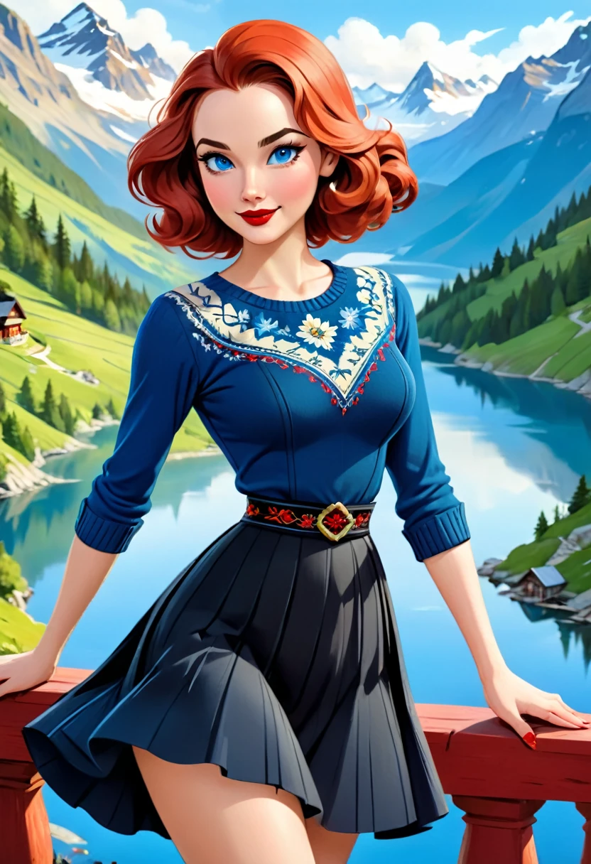 Blonde Woman, Messy Hair, Pale Skin, Red Lipstick, Overlooking Mountain Valley, Alpine Lake. Dress Wth Woodcut Patterns, A Black Knee-Length Pleated Skirt With Blue Embroidery, Norwegian Sweater With Rosemaled Designs. A Wide Smile, Eyes Are Detailed & Wide, & She Poses Dynamically. Digital Painting, 4K Ultra HD, Rococo-Inspired Fantasy Art With Intricate Details. Cute, Charming Expression & Alluring-Gaze, Beautiful Blue Eyes & An-Ideal-Hourglass-Figure. Hedy Lamarr, Olivia Munn & Molly Quinn. Youthful Well-Shaped Bosom, Well-Defined Gluteal Muscles. Large-Chest. Side Profile turning.
