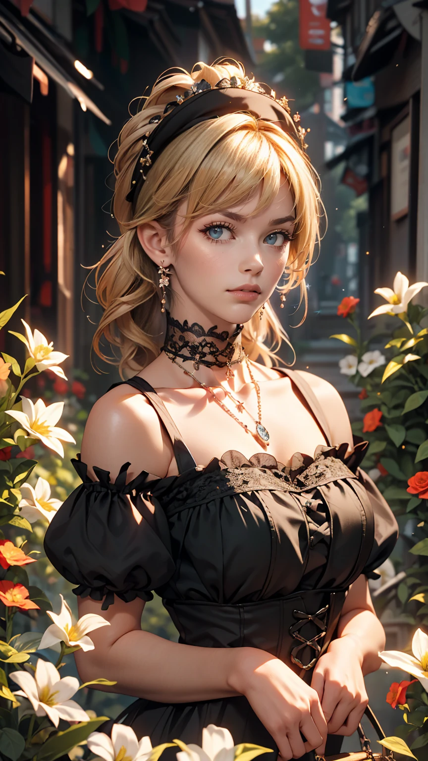 (masterpiece:1.2), (highest quality:1.2), Perfect Eyes, Perfect Face, Perfect lighting, One girl, Mature goth girl woman standing with hands out in front of her, Long Hair, Complicated hairstyle, compensate, Black Lips, Thick eyelashes, sad, melancholy, Dressed as a goth girl, Black and white dress, Frills, ribbon, Puffy sleeves, Exposing shoulders, Lace choker, jewelry, peaceful, quiet, Chill, Detailed outdoor background, Beautiful Landscape, Fantasy, summer, sunny, Sunburned, Flowers, wood  