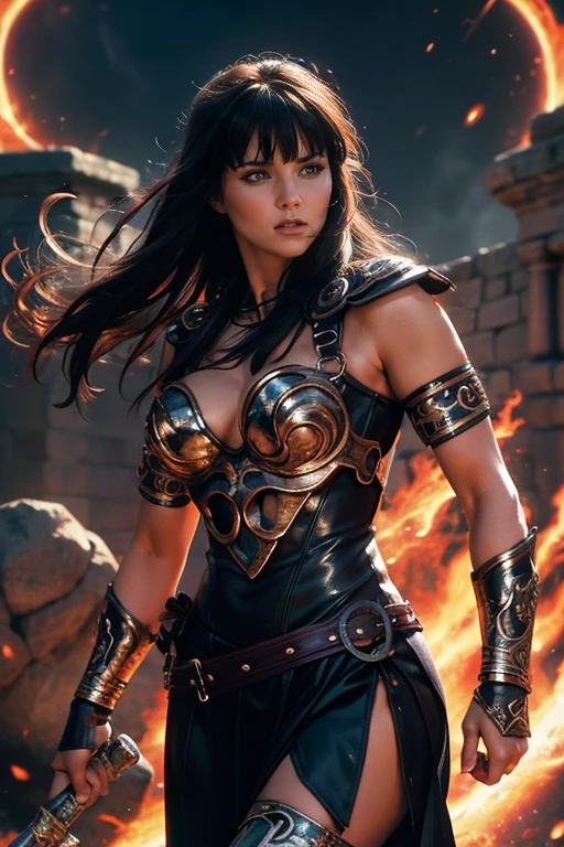 xena guerrarior princess,guerrarior,Deusa,Forte,corajoso,lindo,determinado,armadura de couro,espada,batalha,guerra,poderoso,ancestral,Feroz,Nobre,Protetor,defender,lendário,aventura,Mediterrâneo,vegetação exuberante,épico,Audacioso,mítico,valor,cabelo escuro,intense gaze,Forte-willed,guerra cry,fundo misterioso,Heróico,inspirador,cheio de ação,mítico creatures,épico batalhas,mítico world,fortalecendo,destemido,guerrarior queen,Simbólico,universo dos deuses,poderes mágicos(cores vibrantes),lendário weapon,luxuriante,ancestral ruins,espírito imortal,Eclipse solar,Eclipse lunar,linhagem divina, arte pintada, arte digital