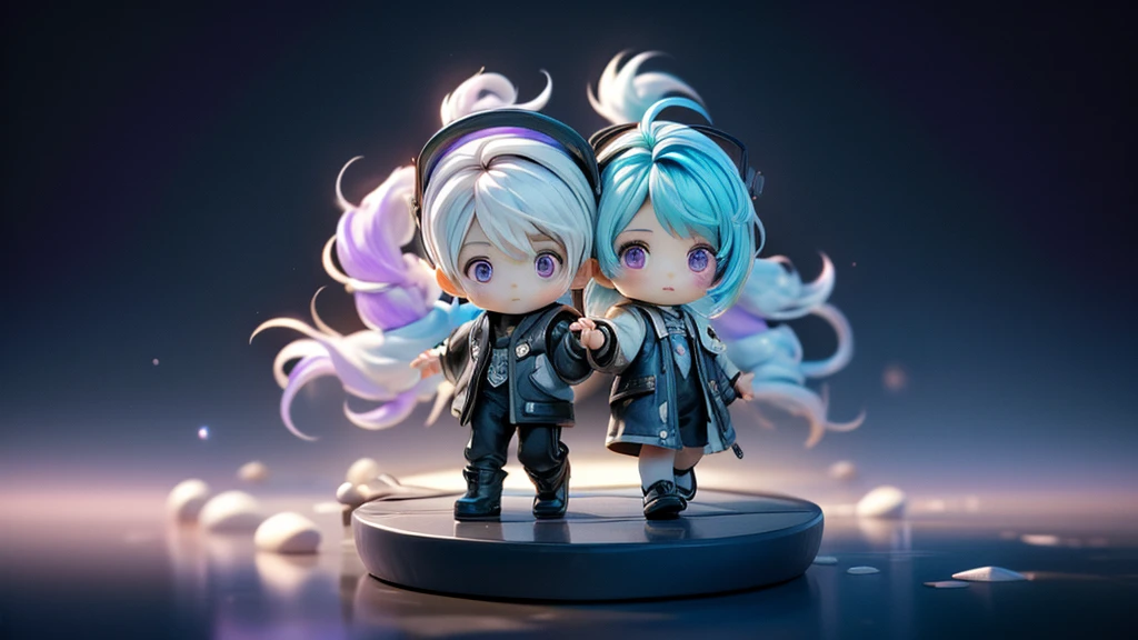 highest quality、Masterpiece、Official Art、The best composition、Super detailed、3D figures of a chibi couple、Girl has purple eyes、White and purple gradient hair color with two braids、黒のCyberpunk clothing、The boy has short white and blue hair.、Gojo Satoru、Cyberpunk clothing、