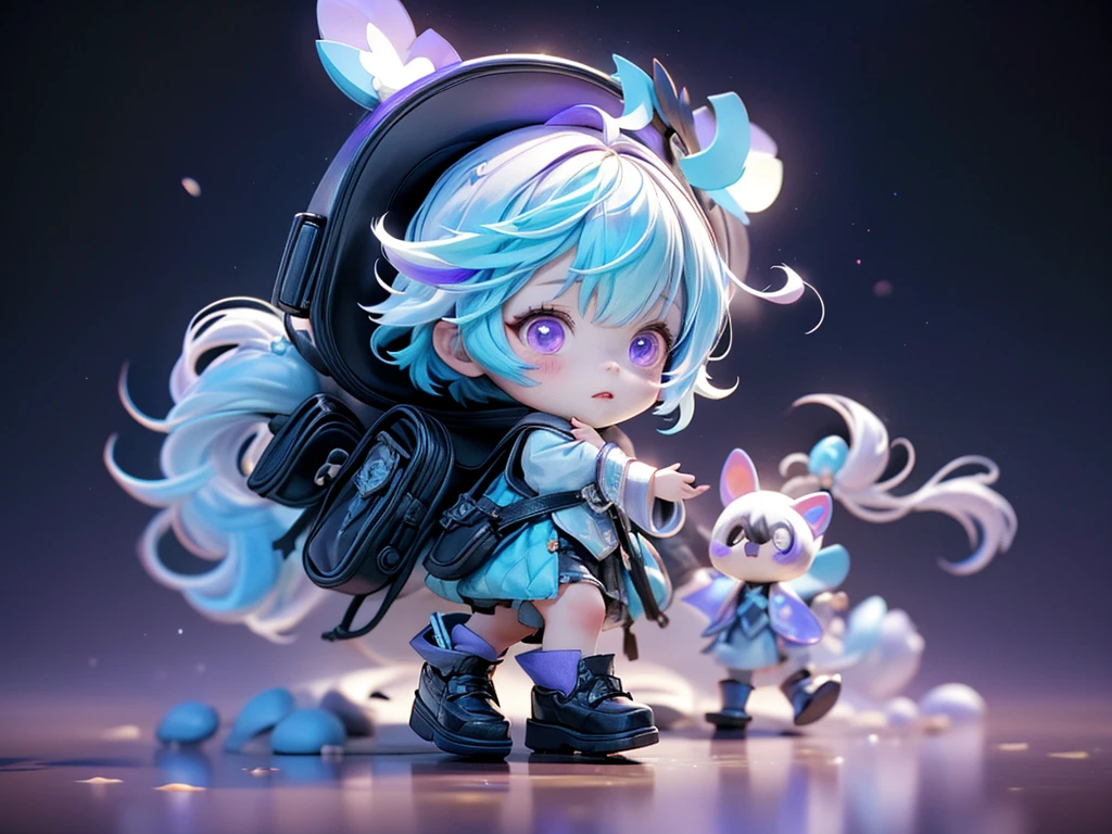highest quality、Masterpiece、Official Art、The best composition、Super detailed、3D figures of a chibi couple、Girl has purple eyes、White and purple gradient hair color with two braids、黒のCyberpunk clothing、The boy has short white and blue hair.、Gojo Satoru、Cyberpunk clothing、