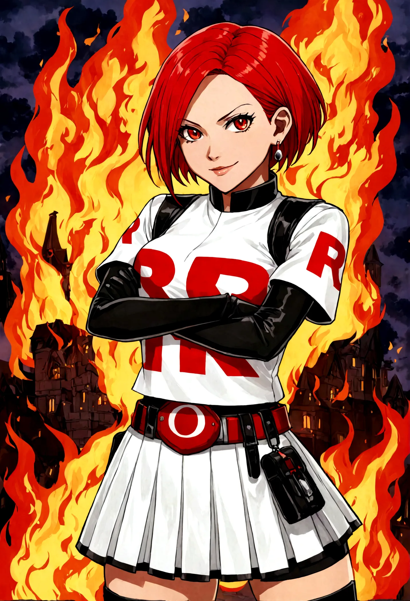 (((1 girl))) short hair, earings ,glossy lips ,team rocket uniform, red letter R, white skirt, white crop top, black thigh-high boots, black elbow gloves, evil smile, looking at viewer, cowboy shot, arms crossed, full body photo Mercedes von Martritz (Fire...