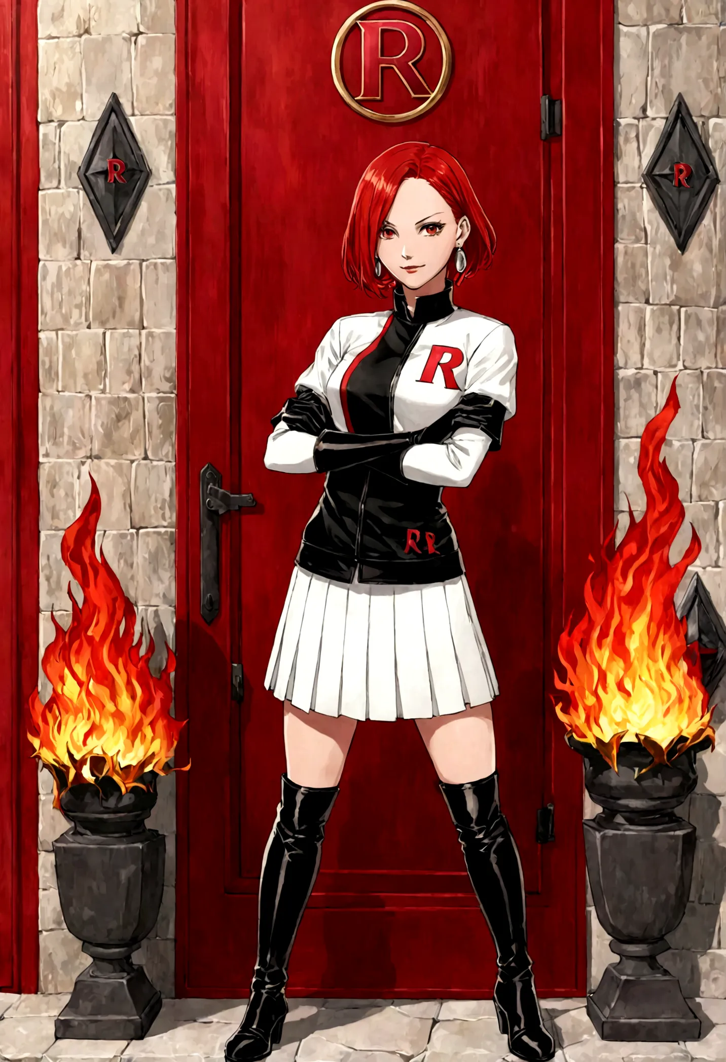 (((1 girl))) short hair, earings ,glossy lips ,team rocket uniform, red letter R, white skirt, white crop top, black thigh-high boots, black elbow gloves, evil smile, looking at viewer, cowboy shot, arms crossed, full body photo Mercedes von Martritz (Fire...