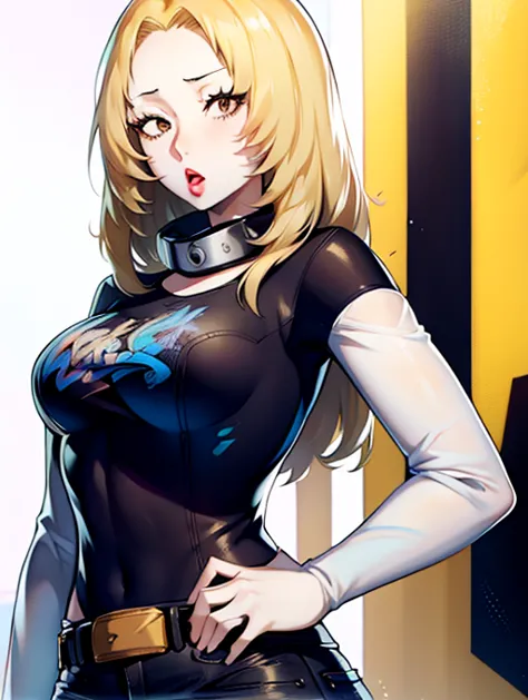 Camie Utsushimi, long blond hair, 1girl, solo, black t-shirt, white shirt, blue jeans, belt, lipstick, large breasts, short over...