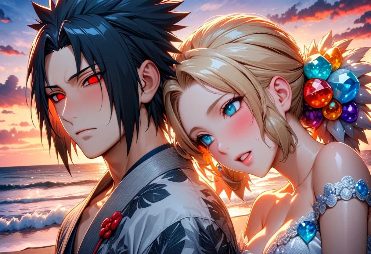 Extrem detailliert, highres, absurdesten, HDR, Meisterwerk, Temari, sandblondes Haar, ausdrucksstarke blaugrüne Augen, Uchiha Sasuke, schwarzes Haar, ausdrucksstarke rote Augen, Sonnenuntergang, Strand, ein gutaussehender Mann zusammen mit einer schönen Frau, Paar, Liebe, Naruto Shippuden, Sehr detailliertes Gesicht und Augen, Wasser, summer, beste Qualität, weiße Hochzeitskleidung, sexy