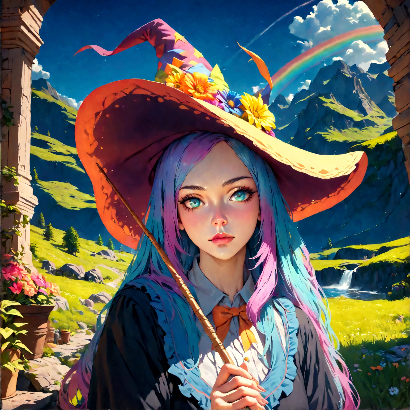 a colorful anime rainbow witch, 1girl, beautiful detailed eyes, beautiful detailed lips, extremely detailed face and features, long eyelashes, rainbow colored hair, witch hat, wand, magical rainbow effects, fantasy landscape, colorful flowers, glowing nature, vibrant colors, (best quality, 4k, 8k, highres, masterpiece:1.2), ultra-detailed, (realistic, photorealistic, photo-realistic:1.37), vibrant colors, fantasy art, digital painting