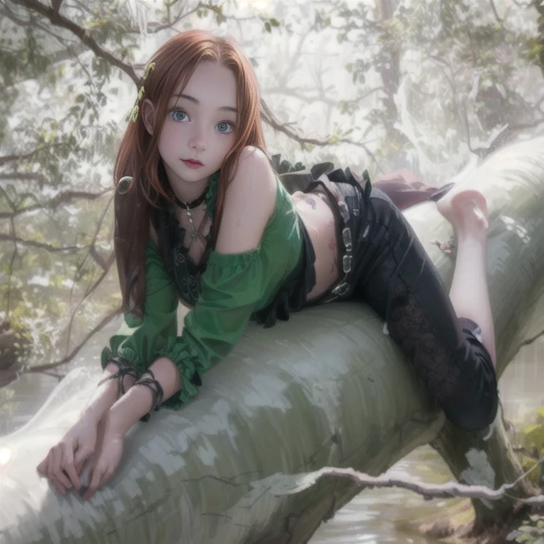 arafed woman in green shirt laying on a log in water, 1 7 - year - old goth girl, goth girl, on a tree, very beautiful goth top model, redhead girl, in a tree, cute young redhead girl, beautiful female punk, with red hair and green eyes, pale fair skin!!, fae teenage girl, sitting on a tree