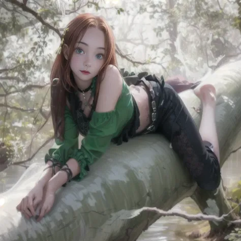 arafed woman in green shirt laying on a log in water, 1 7 - year - old goth girl, goth girl, on a tree, very beautiful goth top ...