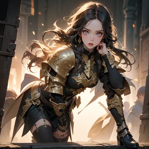 A dark and cursed female game character, wearing ornate black and gold armor, wielding a cursed blade, with dark vambraces and c...