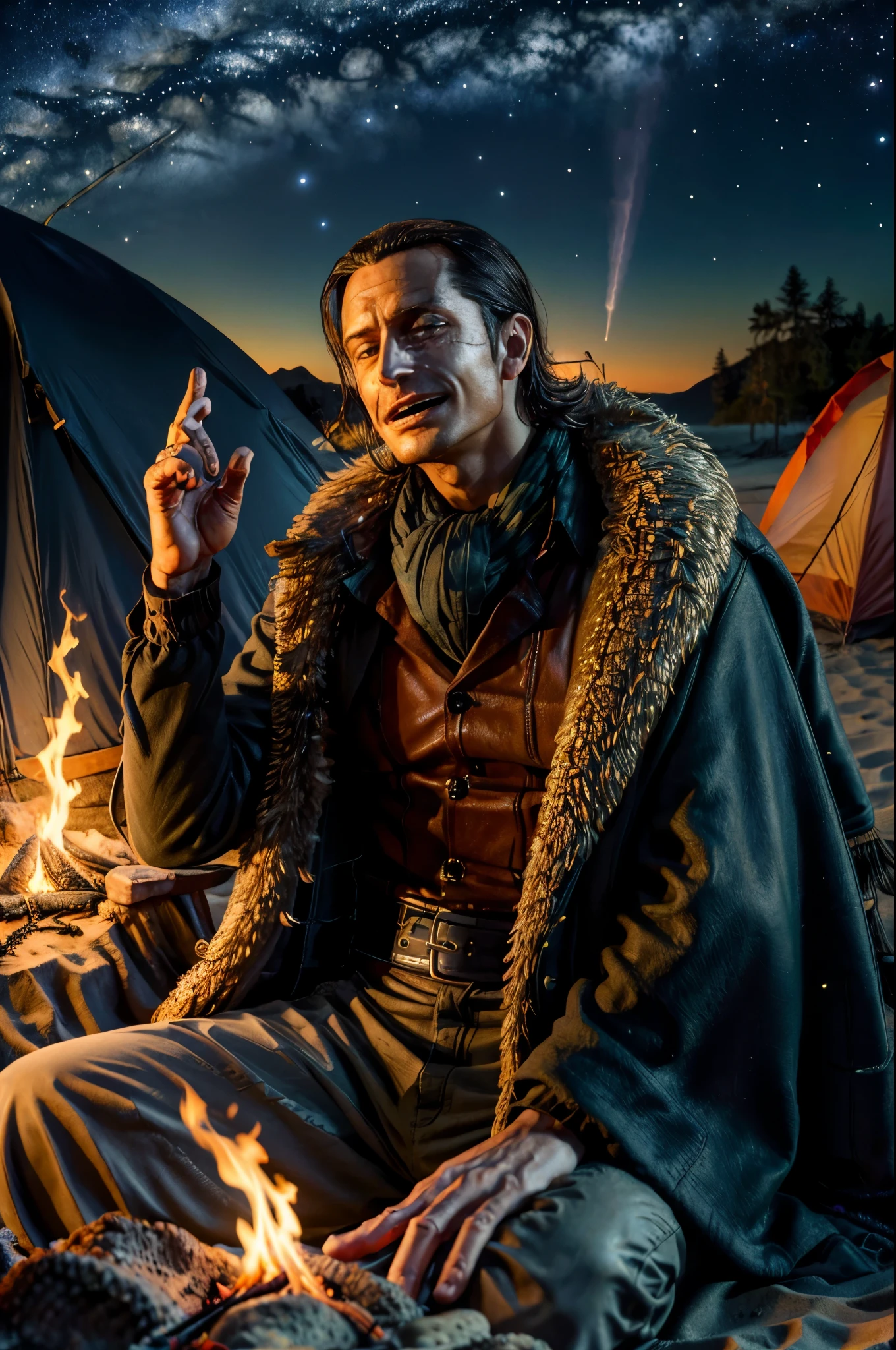 masterpiece, best quality, extremely detailed, hyperrealistic, photorealistic, a cool 40s man, ultra detailed face:1.2, fur-trimmed coat, scarf around the neck, his left hand is a golden pirate hook:1.1,  in the night:1.2, warm hue, warm tone, with stars and milky way trails:1.1 sitting near campfire, beach, real steam visible, smoke, shadows, tent, barbecue:1.1, laughing, raising hands