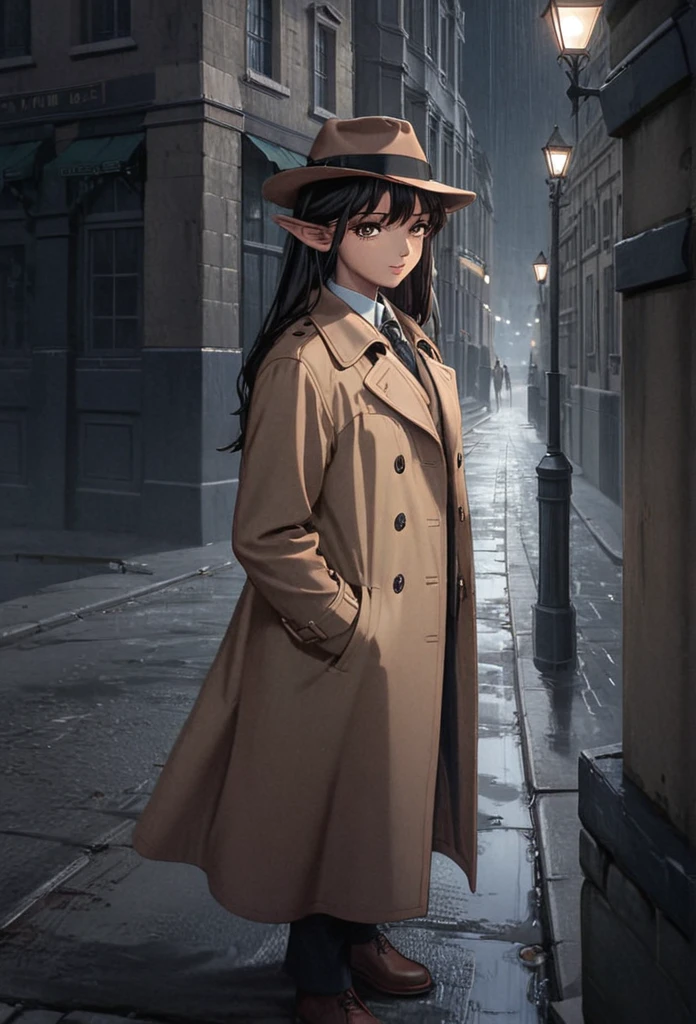 detailed illustration (side view),dynamic angle,ultra-detailed, illustration, pose for the camera, smiling at viewer, clean line art, shading, anime, 2020’s anime style, detailed eyes, detailed face, beautiful face standing on a sidewalk,

Noir Detective, trench coat, fedora hat, radio drama, pulp magazine character, long trench coat, hat, fedora hat, brown coat and matching hat, dark band on hat, 1940’s, ,Noir, beautiful woman, in a open trench coat, night, rain, brown shoulder length hair, brown eyes, hard boiled, female fatale vibes, noir, deep in thought, detective, plup magazine detective, noir vibe

Urban fantasy setting, dark elf,