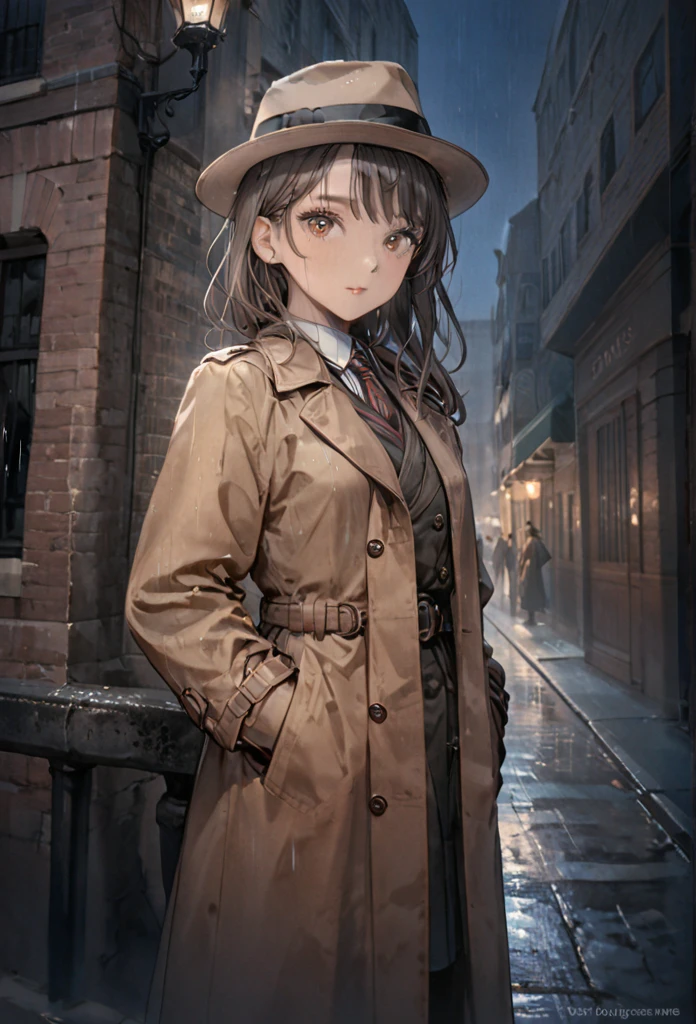 detailed Illustration (Seitenansicht),dynamischer Winkel,ultra-detailliert, Illustration, für die Kamera posieren, lächelt den Betrachter an, klare Linienkunst, Schattierung, Anime-Serie, 2020’s Anime-Serie style, Detaillierte Augen, Detailliertes Gesicht, schönes Gesicht steht auf einem Bürgersteig,

noir Detective, Regenmantel, Fedora-Hut, Hörspiel, Pulp-Magazin-Charakter, long Regenmantel, hat, Fedora-Hut, brauner Mantel und passender Hut, dunkles Band am Hut, 1940er Jahre, ,noir, schöne Frau, in a open Regenmantel, Nacht, Regen, braune schulterlange Haare, braune Augen, hart gekocht, weibliche Fatale-Vibes, noir, tief in Gedanken versunken, Detektiv, plup magazine Detektiv, Noir-Stimmung, Urban-Fantasy-Setting, Dunkelelf,