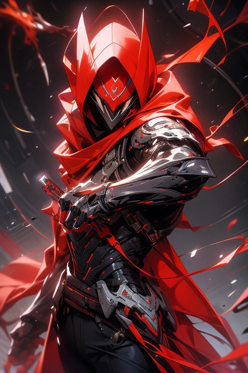 a man in a red jacket and red pants standing in dynamic fighting stance pose in a dark room, wearing cultist red robe, red colour attire, character from mortal kombat, as a character in tekken, fighting game character, cyberpunk assassin, red hooded mage, cyberpunk outfits, red clothes, the red ninja, wearing leather assassin armor, an edgy teen assassin, cool red jacket, cyberpunk street goon,