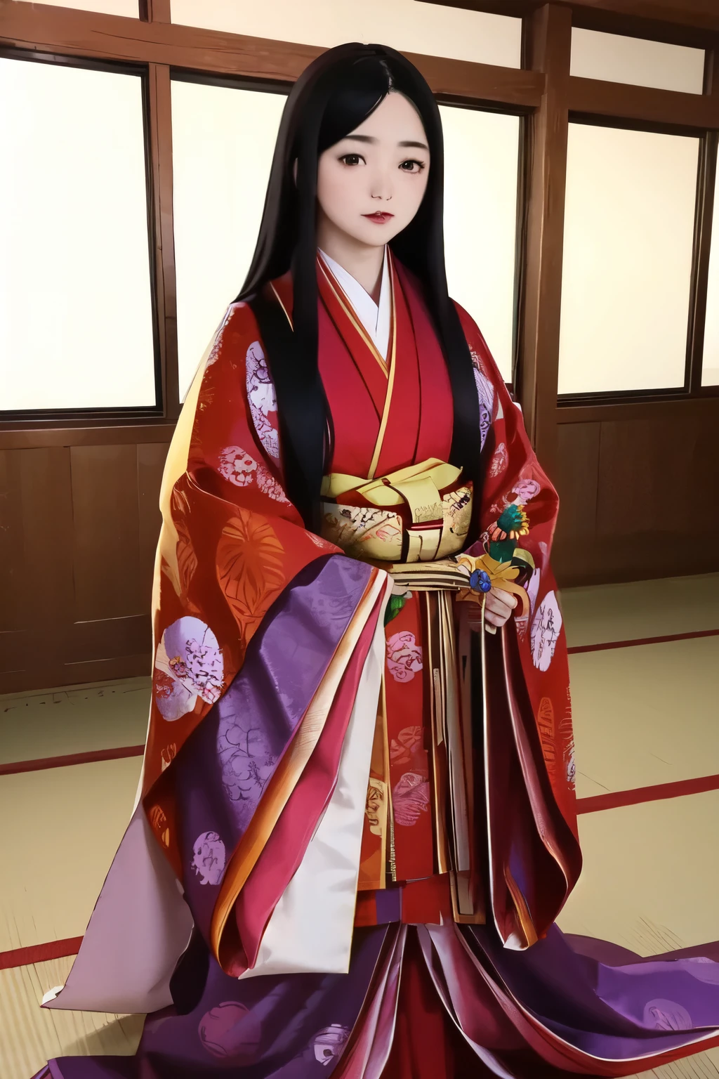 (masterpiece, best quality:1.2), 1girl, juni-hitoe, solo, very long black hair, purple-red karaginu, purple-red hakama, holding (open hiogi), blur the background, sodeguchi accurate depiction,