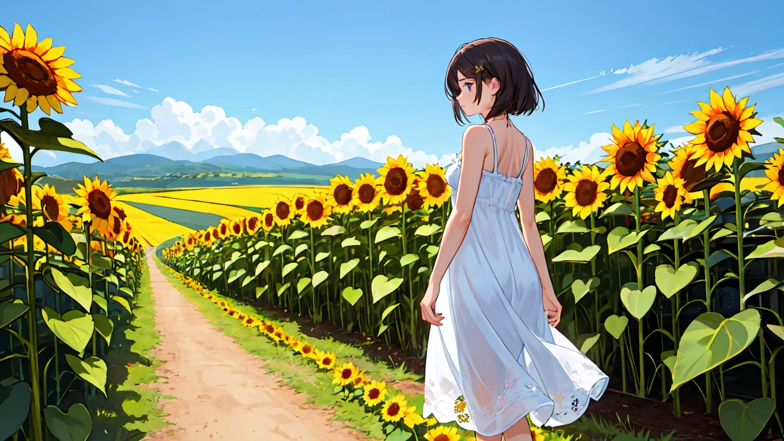 Obra de arte ,melhor qualidade, Uma linda mulher com luz filtrando delicadamente pelo cabelo ruivo, her sundress is beautiful and she is standing in front of a sunflower field
