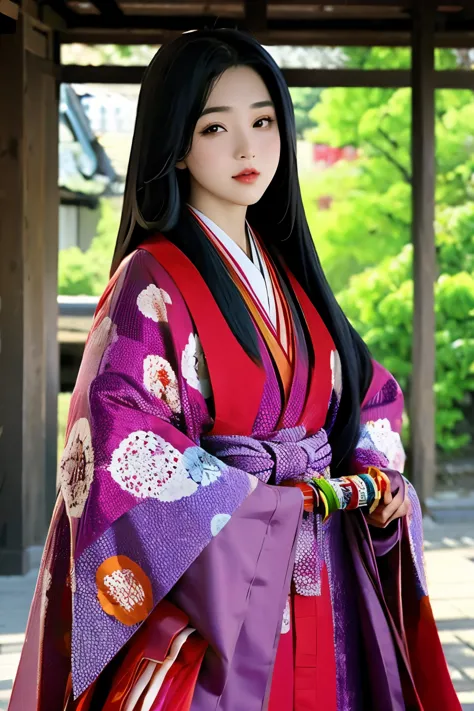 (masterpiece, best quality:1.2), 1girl, juni-hitoe, solo, very long black hair, purple-red karaginu, purple-red hakama, holding ...