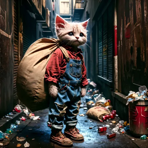 Create a very pitiful anthropomorphic kitten character，Wearing a very worn red linen shirt and denim overalls, Worn-out cloth sh...