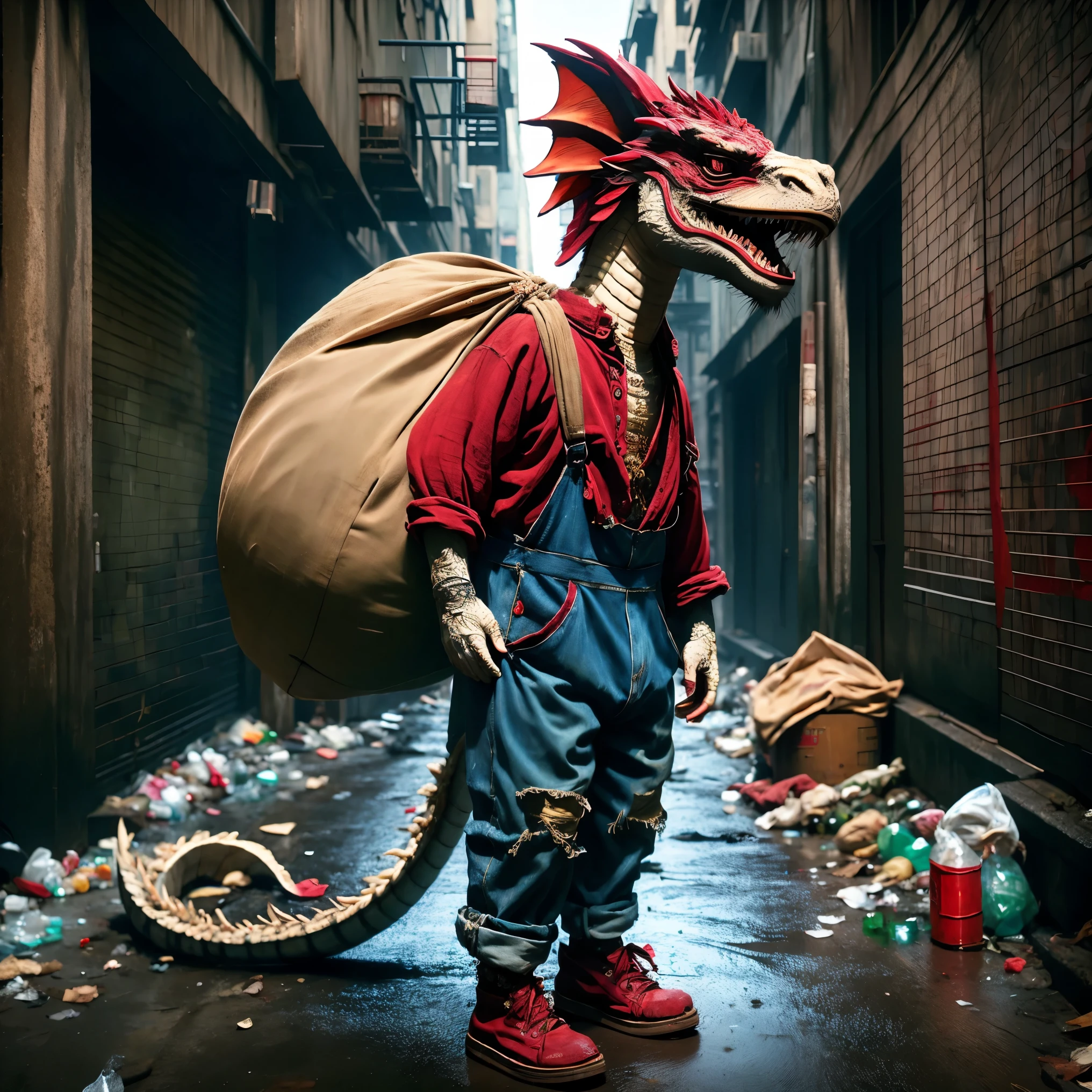 Un dragón chino antropomórfico muy patético, Llevaba una camisa de lino roja muy gastada y un mono de mezclilla., Zapatos de tela gastados, Llevar un bolso de gran tamaño, Más alto que uno mismo, Dragón chino parado en el callejón de la ciudad, Un rincón oscuro de la ciudad.，El suelo está lleno de basura y botellas., Esta escena conserva el estilo original., Pero cambiemos el fondo a un entorno urbano., Reforzar el contraste entre la inocencia de los personajes y la dureza de su entorno urbano., Destacando las malas condiciones de las ciudades abandonadas