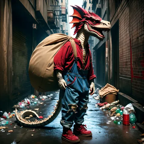 A very pathetic anthropomorphic Chinese dragon, Wearing a very worn red linen shirt and denim overalls, Worn-out cloth shoes, Ca...
