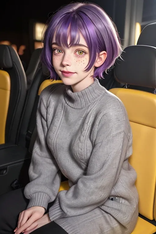 1girl, short purple hair, black roots, hazel eyes, freckles, small breasts, grey sweater, sitting, theatre, fake smile, tired eyes, taking a selfie, face shot, red seats, yellow lighting