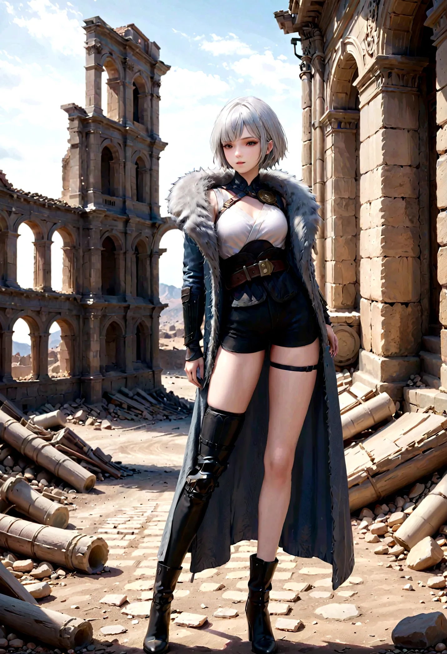 baiyuekui,solo,full body,gray fur cape,single thighhigh,thigh strap,asymmetrical legwear,black shorts,boots,black footwear,belt,...