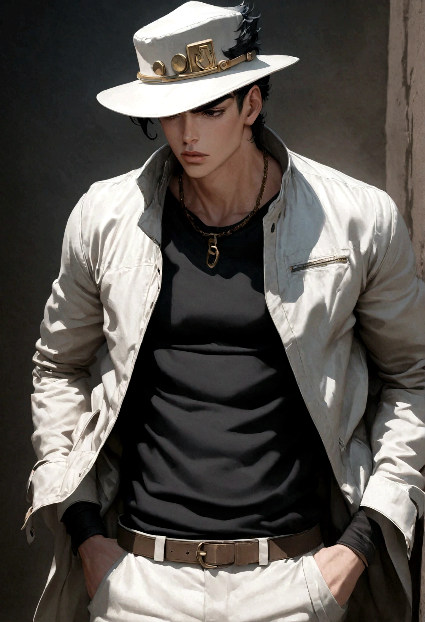 JOJO&#39;s Bizarre Adventure, Jotaro Kujo, hat covering eyes, Hands in pockets, permanent, background, Black Hair, Gold chain, (masterpiece,best quality,ultra_detailed,highres,absurdres:1.2),(photorealistic:1.4),