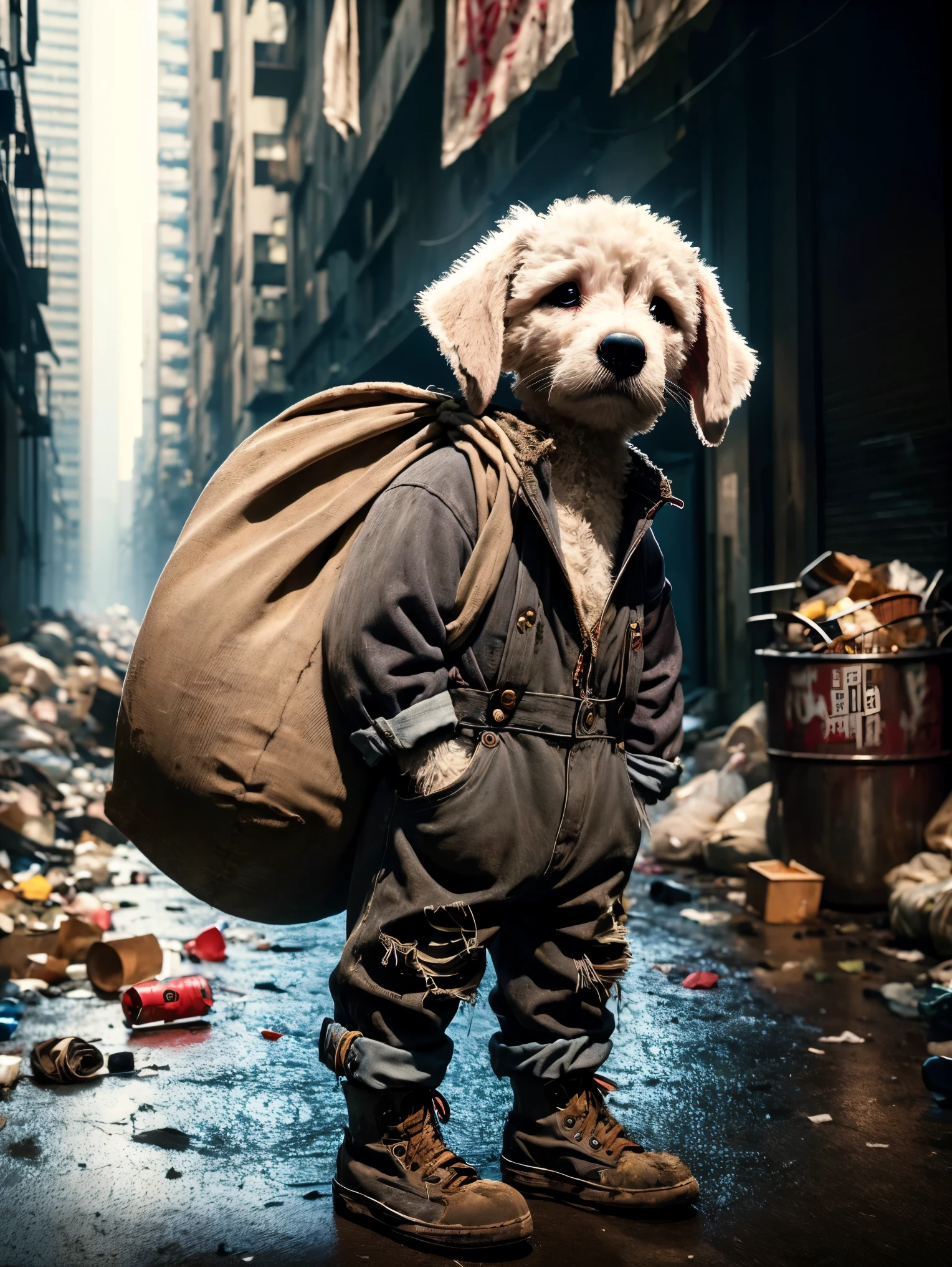 (personification:1.3)，(Very poor puppy)，Dressed in rags(Gray baseball jacket:1.3)and(Overalls)，(Tattered cloth shoes)，Dragging a bag taller than himself，Puppy standing in the city street，地上堆满了垃圾and瓶子，Original painting style，But change the background to a city scene，Strengthens the contrast between the innocence of the characters and the harshness of the urban environment，Highlights the dire conditions in urban wasteland