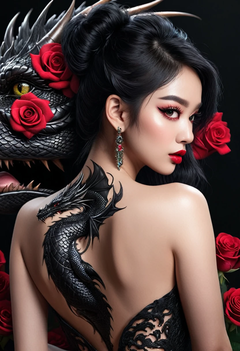 спина красивой женщины с татуировкой черного дракона и розами, hyper-реалистичный, Детализированная текстура кожи, шедевр, 8К, красивые детализированные глаза, красивые детализированные губы, очень детальное лицо, длинные ресницы, реалистичный, photo-реалистичный, физически обоснованный рендеринг, яркие цвета, Драматическое освещение, сложные детали, кинематографическая композиция, готическая мода, драматическая поза