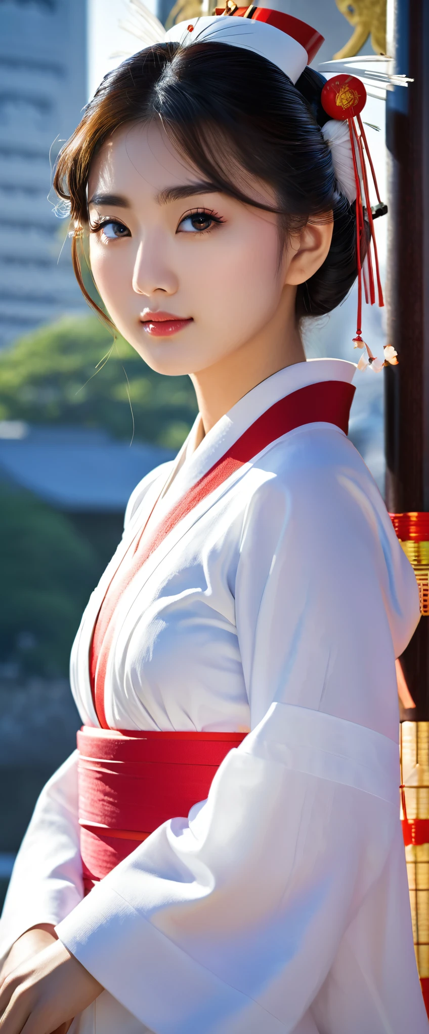 8K ultra-high-definition images:A solo portrait of a captivating shrine maiden. A masterpiece of the highest quality.:Gorgeous girl close up and ultra detailed focus(1.3) Official Art:A calm and tranquil mood with a fantastic atmosphere. This image is、It features an enchanting shrine maiden maiden standing isolated against the serene backdrop of the Tokyo cityscape。The soft shadows and calm colors create a calm mood.、It envelops the viewer in a sense of peace and tranquility.。 In the foreground、The shrine maiden&#39;s face