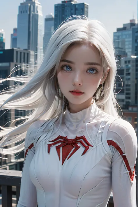 (masterpiece, 4K resolution, Ultra-realistic, Very detailed), (White costume superhero theme, Charismatic, Girl on top of the ci...