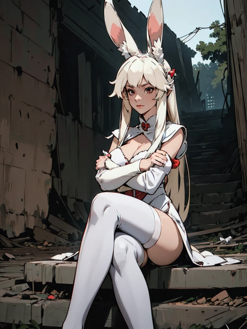 a rabbit girl smilling in the ruins, (rabbit girl)(best quality,high resolution, masterpiece:1.2), female focus, animal ears, furry ears, (one girl:1.5), (free hands), beautiful eyes, (white hair:1), detailed eyes, (rabbit ears), (red eyes:1.2), white cloak, happy, fleshy lips, hair ornament, leather armor, Clothes made of tanned leather, detached sleeves, wrist guard, white thighhighs, shin guards, perfect quality, good quality, masterpiece, (arms crossed1.2), Prepare-se para mergulhar em um mundo onde a beleza e o artesanato se fundem perfeitamente, anatomically correct. ultra nitidez