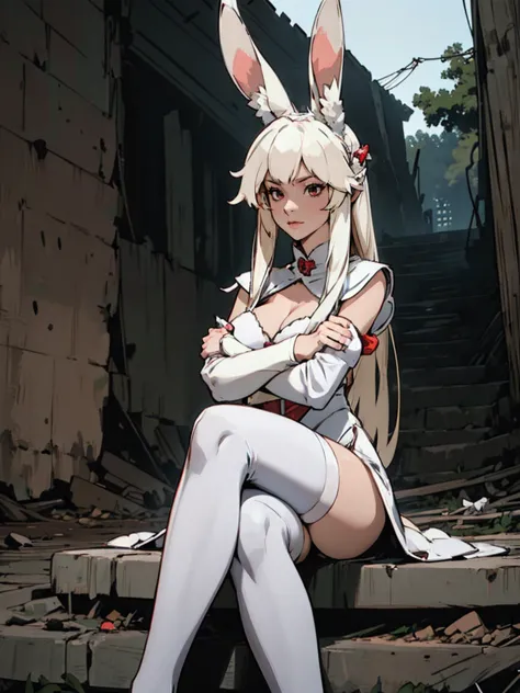 a rabbit girl smilling in the ruins, (rabbit girl)(best quality,high resolution, masterpiece:1.2), female focus, animal ears, fu...