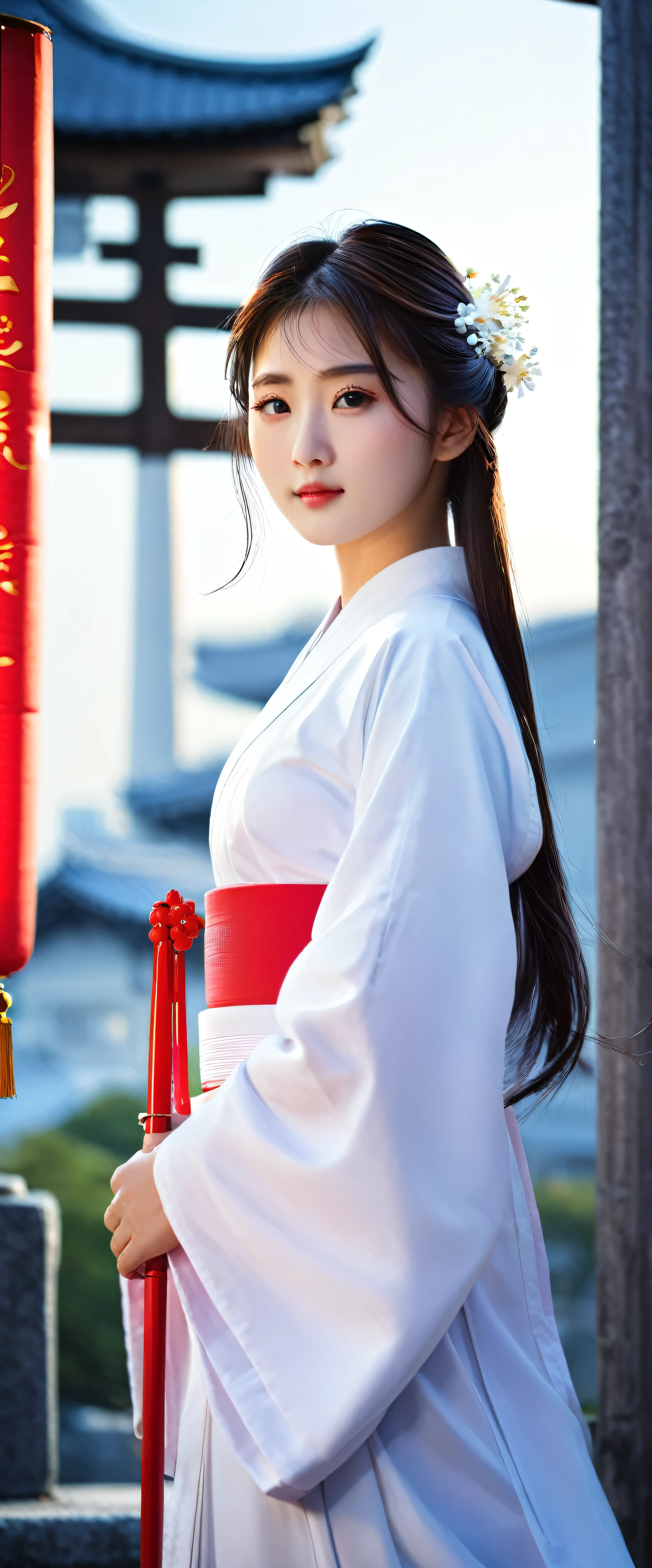 8K ultra-high-definition images:A solo portrait of a captivating shrine maiden. A masterpiece of the highest quality.:Gorgeous girl close up and ultra detailed focus(1.3) Official Art:A calm and tranquil mood with a fantastic atmosphere. This image is、It features an enchanting shrine maiden maiden standing isolated against the serene backdrop of the Tokyo cityscape。The soft shadows and calm colors create a calm mood.、It envelops the viewer in a sense of peace and tranquility.。 In the foreground、The shrine maiden&#39;s face