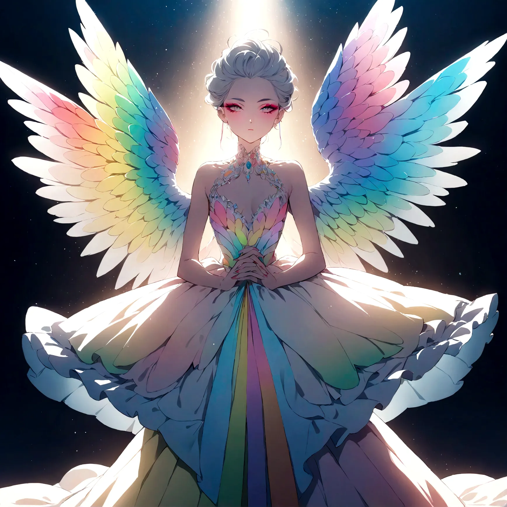 a sexually ambiguous person, beautiful intricate rainbow wings, extremely detailed face, perfect makeup, high fashion dress, dra...