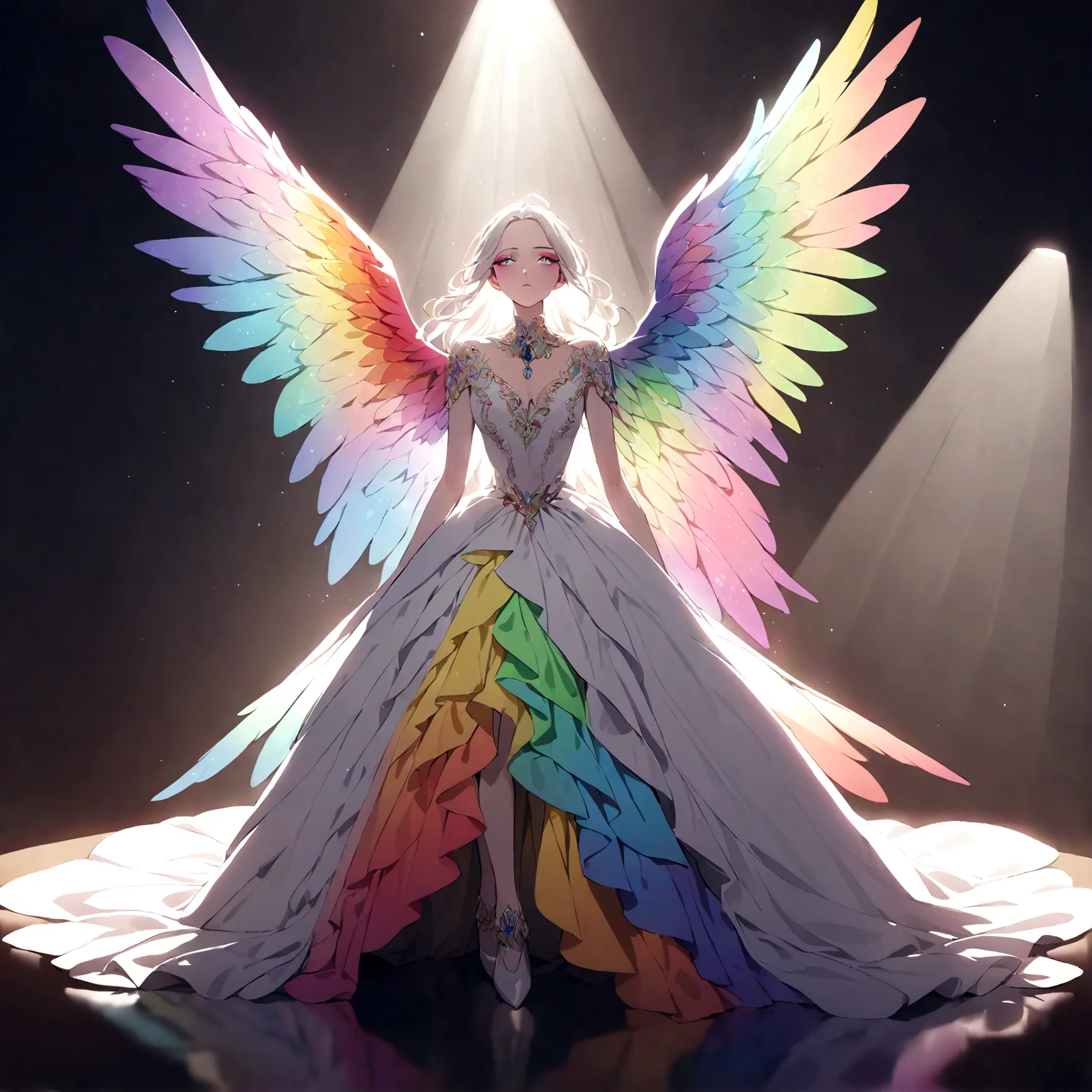 a sexually ambiguous person, beautiful intricate rainbow wings, extremely detailed face, perfect makeup, high fashion dress, dra...