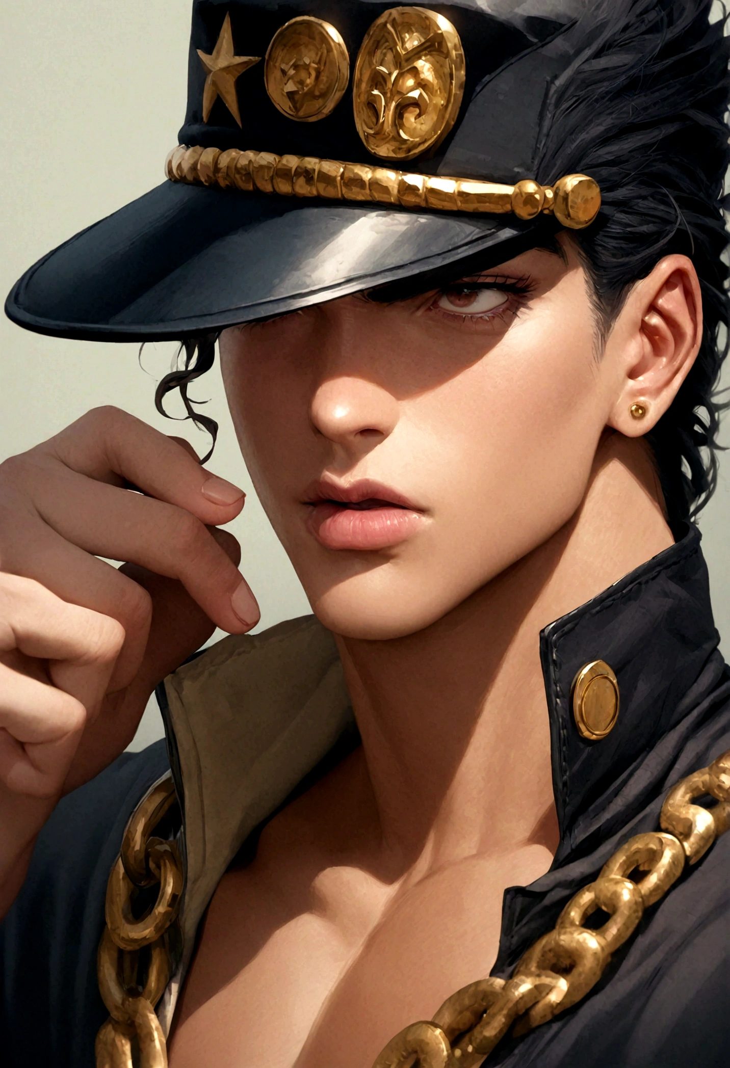 JOJO&#39;s Bizarre Adventure, Jotaro Kujo, hat covering eyes, Hands in pockets, permanent, background, Black Hair, Gold chain, (masterpiece,best quality,ultra_detailed,highres,absurdres:1.2),(photorealistic:1.4),