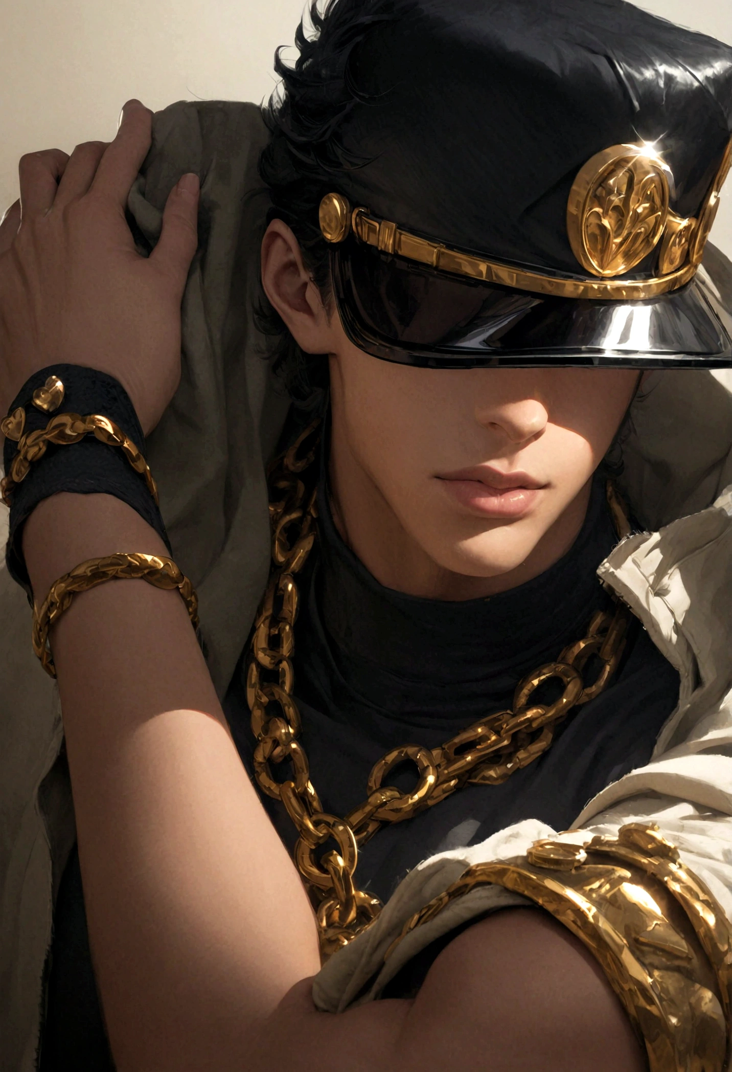 JOJO&#39;s Bizarre Adventure, Jotaro Kujo, hat covering eyes, Hands in pockets, permanent, background, Black Hair, Gold chain, (masterpiece,best quality,ultra_detailed,highres,absurdres:1.2),(photorealistic:1.4),