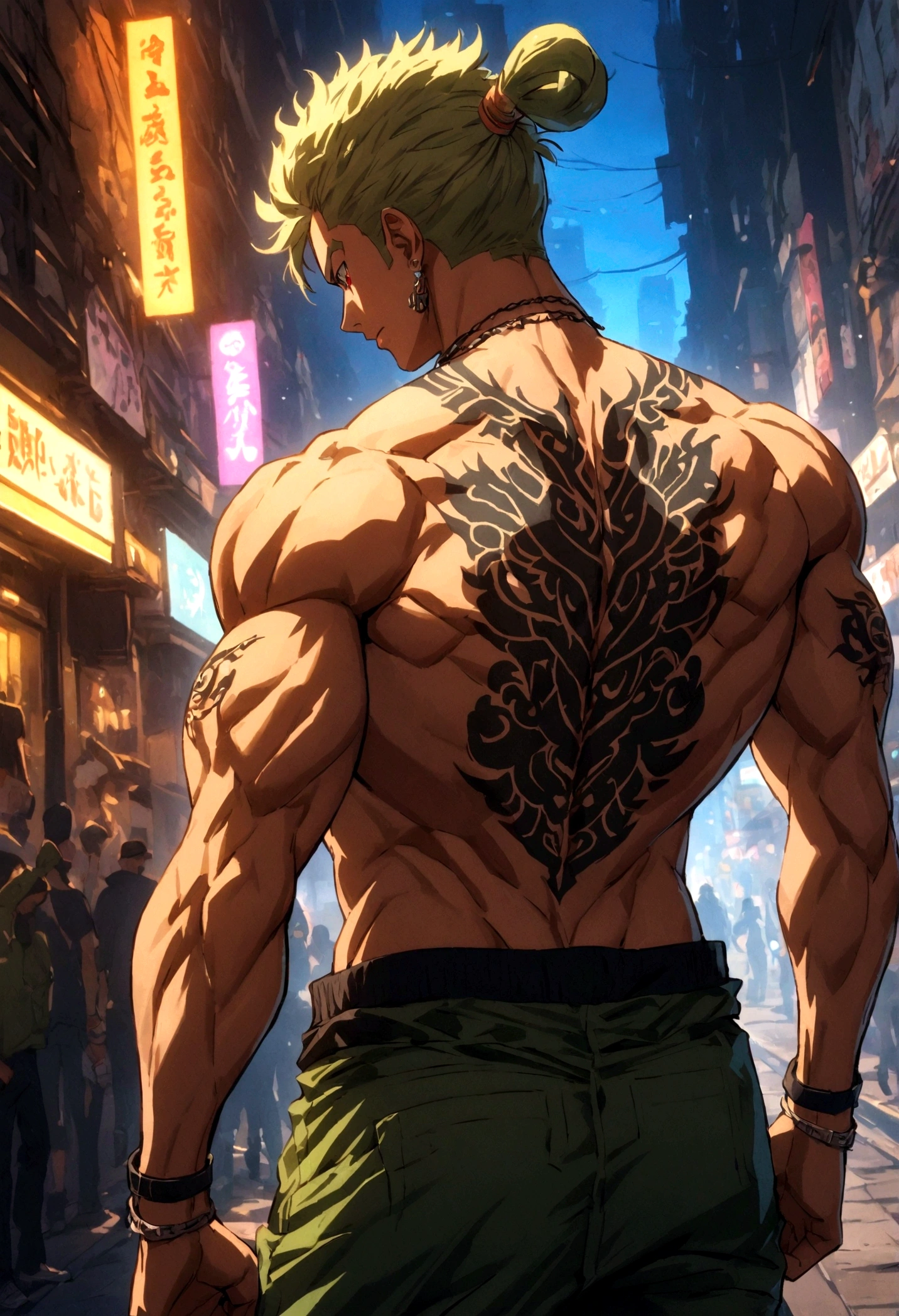 strong muscular boy with Guan Yu tattoo on his toned bare back, street style, high-resolution details, urban vibe, vibrant colors, dramatic lighting