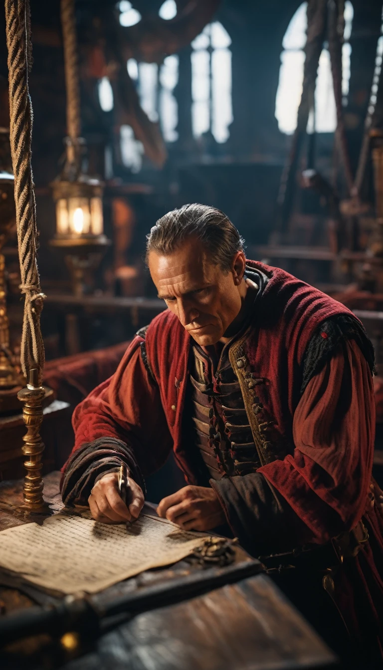 Cinematic style, Julius Caesar writing poetry on a pirate ship, background dark, hyper realistic, ultra detailed hyper realistic, photorealistic, Studio Lighting, reflections, dynamic pose, Cinematic, Color Grading, Photography, Shot on 50mm lens, Ultra-Wide Angle, Depth of Field, hyper-detailed, beautifully color, 8k