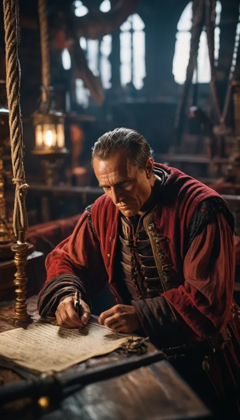 cinematic style, julius caesar writing poetry on a pirate ship, background dark, hyper realistic, ultra detailed hyper realistic...