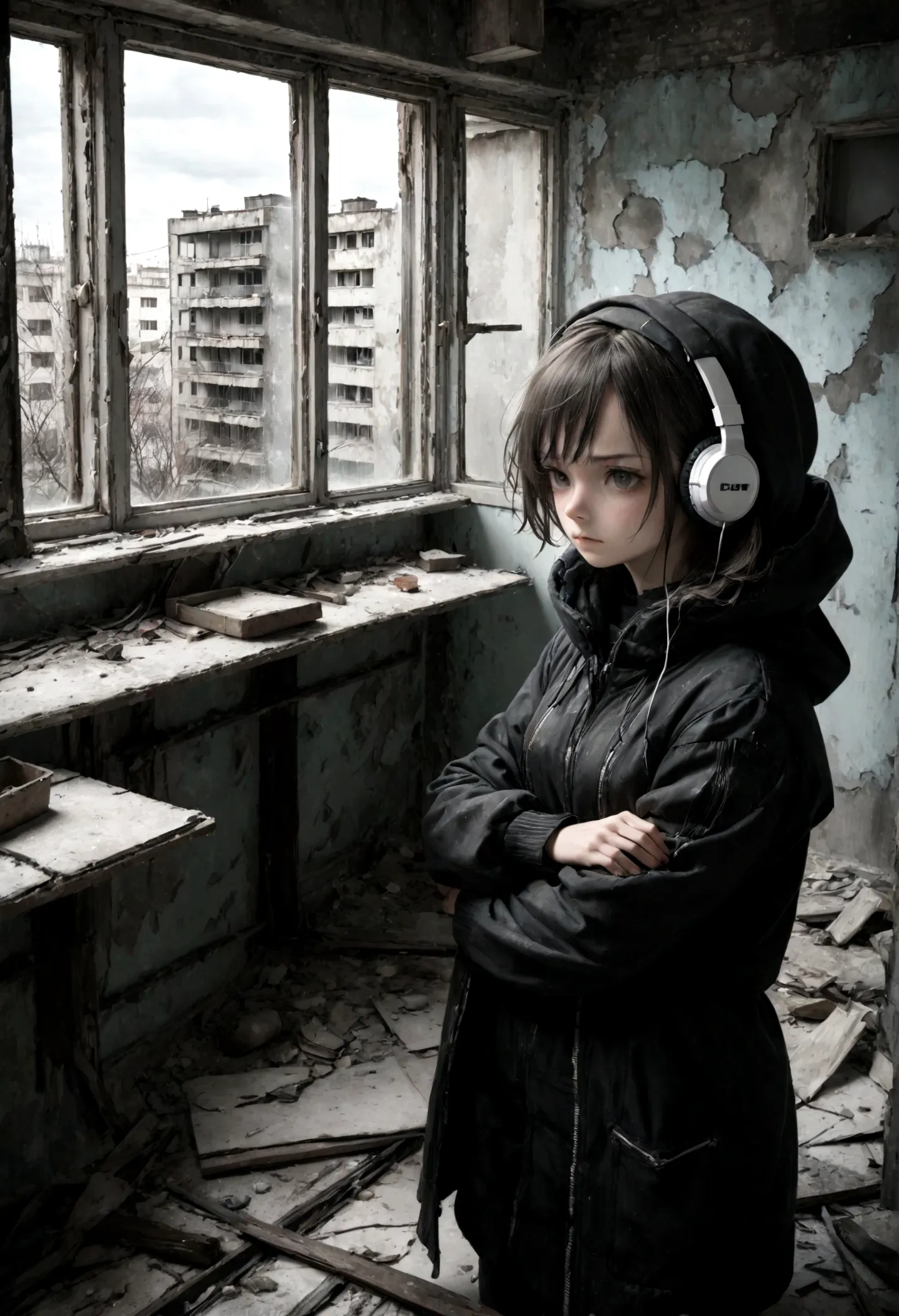 image of a sad beautiful girl dressed in coat and hood standing with arms crossed looking at a window inside a dark, dilapidated...