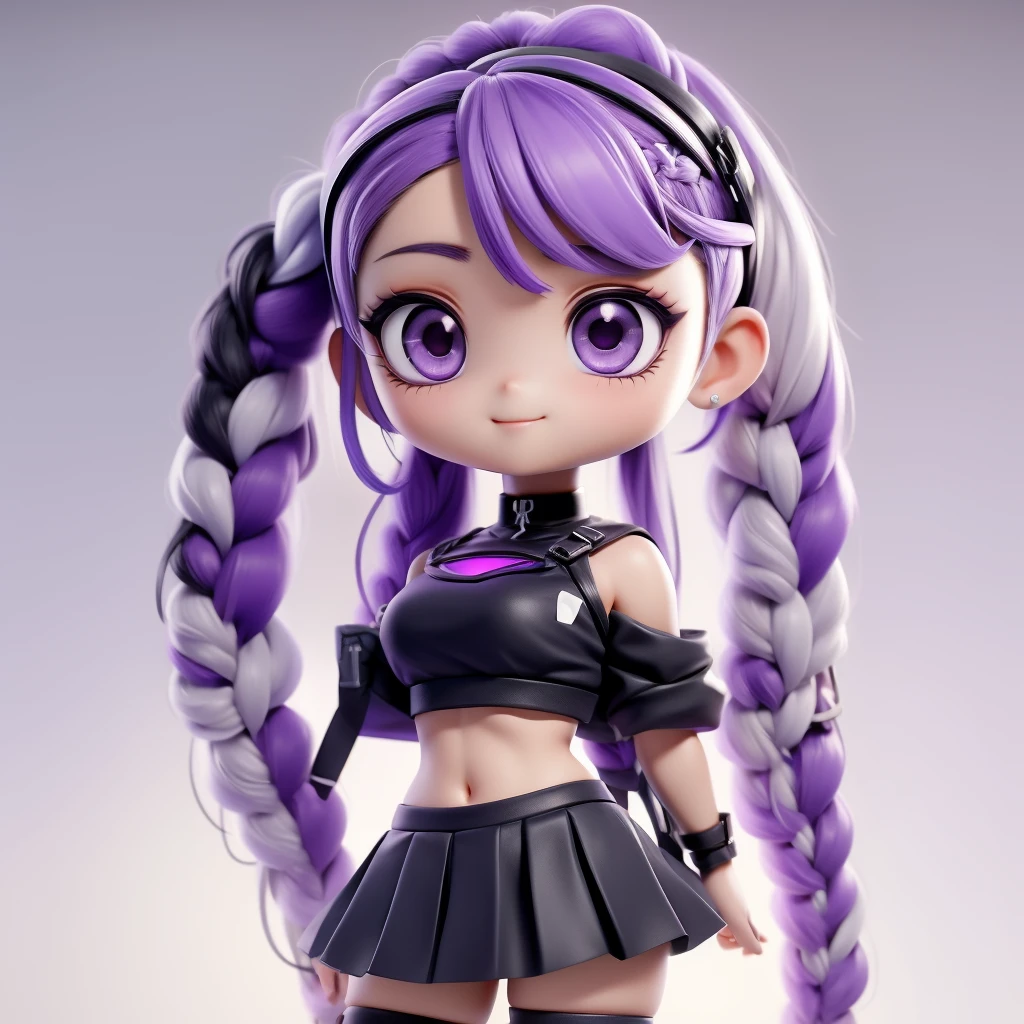 ちび男女のCouple、cute、3D Figure、（Masterpiece、highest quality、Official Art、The best composition、CG、16K、Super detailed、Detailed eyes、Golden Ratio）、Couple（1boy,1girl)、girl（Her hair is a milky white and purple gradient.、Double braid、Black and white diamond-shaped hair ornaments on both sides、purple eyes, long hair, twin braids, purple hair, multicolored hair, elbow gloves, bangs, very long hair,bare shoulders, black skirt, dress, smile, side cutout,covered navel, side cutout,cryptic girl）、boy（Her hair is a short, black and white gradient.、cyberpunk school uniform）、hologram、Disorganized、c0upl3