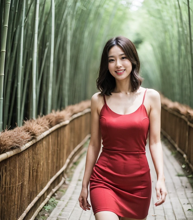 ((highest quality、8k、masterpiece:1.3))、Photorealistic, Sharp focus, high resolution, High resolution, Portraiture, alone, Japanese,  Beautiful woman, 26 years old、Big Breasts、Crimson casual dress、Photograph the whole body、(Walking through a bamboo forest)、smile