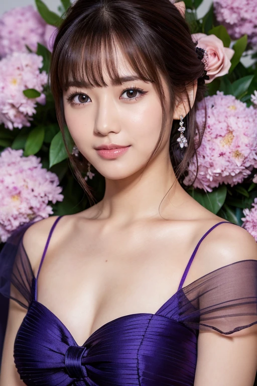 Medium display, Medium Shot, Written boundary depth, bust, Upper Body, Movie angle, masterpiece, highest quality, Very detailed, CG, 8k wallpaper, Beautiful Face, Delicate eyes, Otome, alone, smile, bangs, have,Purple Dress, bow, petal, bouquet