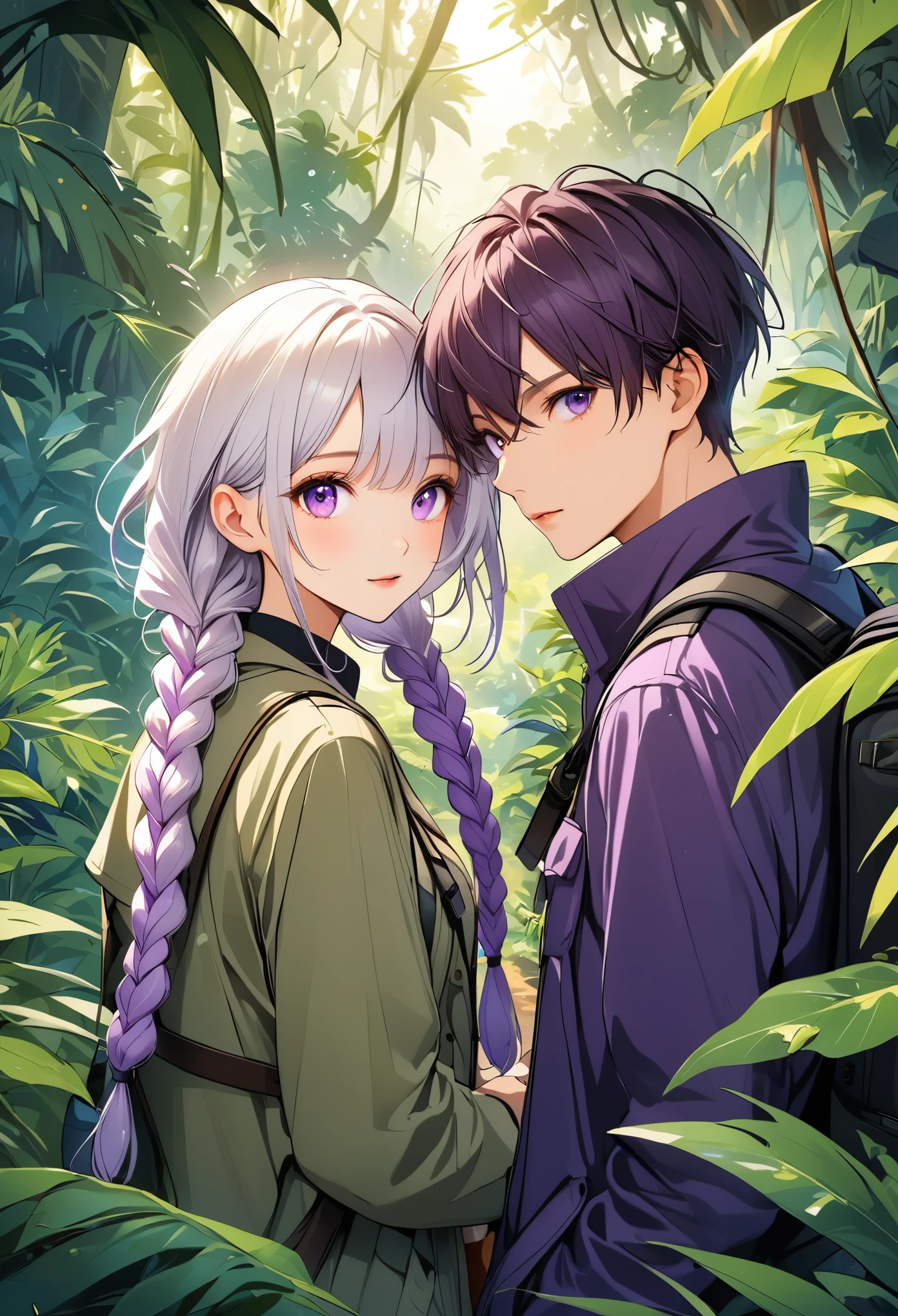 Vector illustration，A young couple，Explorer， Detection，Purple Eyes，girl，Purple Eyes，White hair-purple-long braids。 jungle，vegetation，lush，Photograph