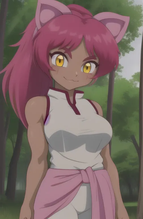 mariah, 1girl, long hair,  animal ears, bare shoulders, yellow eyes, ponytail, pink hair, sleeveless, pants, cat ears, dark skin...