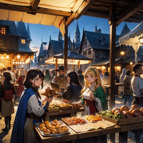 medieval market with many crowd, no human face, tavern, folks