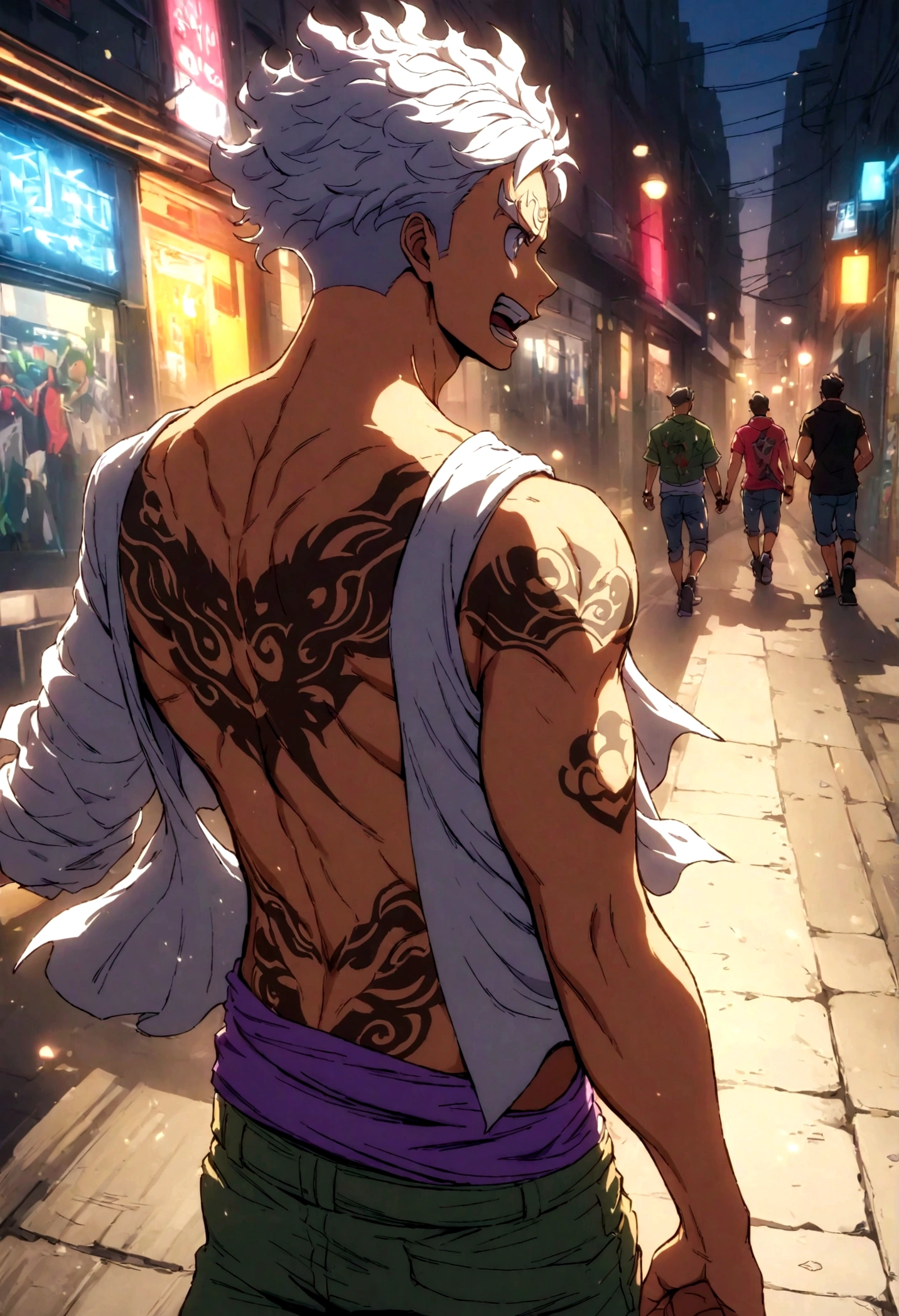 strong muscular boy with Guan Yu tattoo on his toned bare back, street style, high-resolution details, urban vibe, vibrant colors, dramatic lighting
