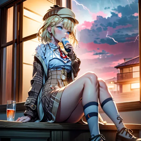 Blonde detective with short hair sitting at the side of a window with a red lighting thunderstorm at the distance, red thunders,...