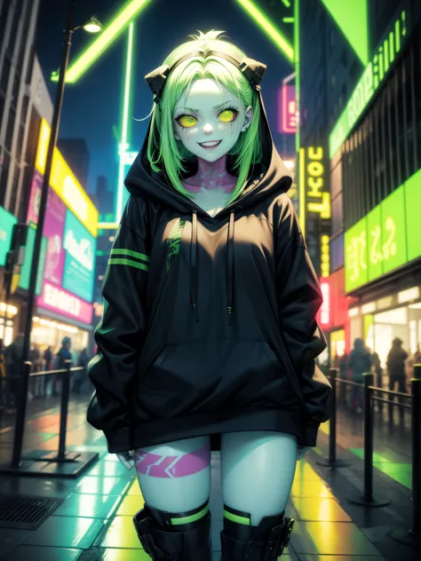 hoodie、neon colored clothes、green and black hair、score 9、score 8_up、score 7_up、zombie、dark background、sexy pose、punk goth girl w...